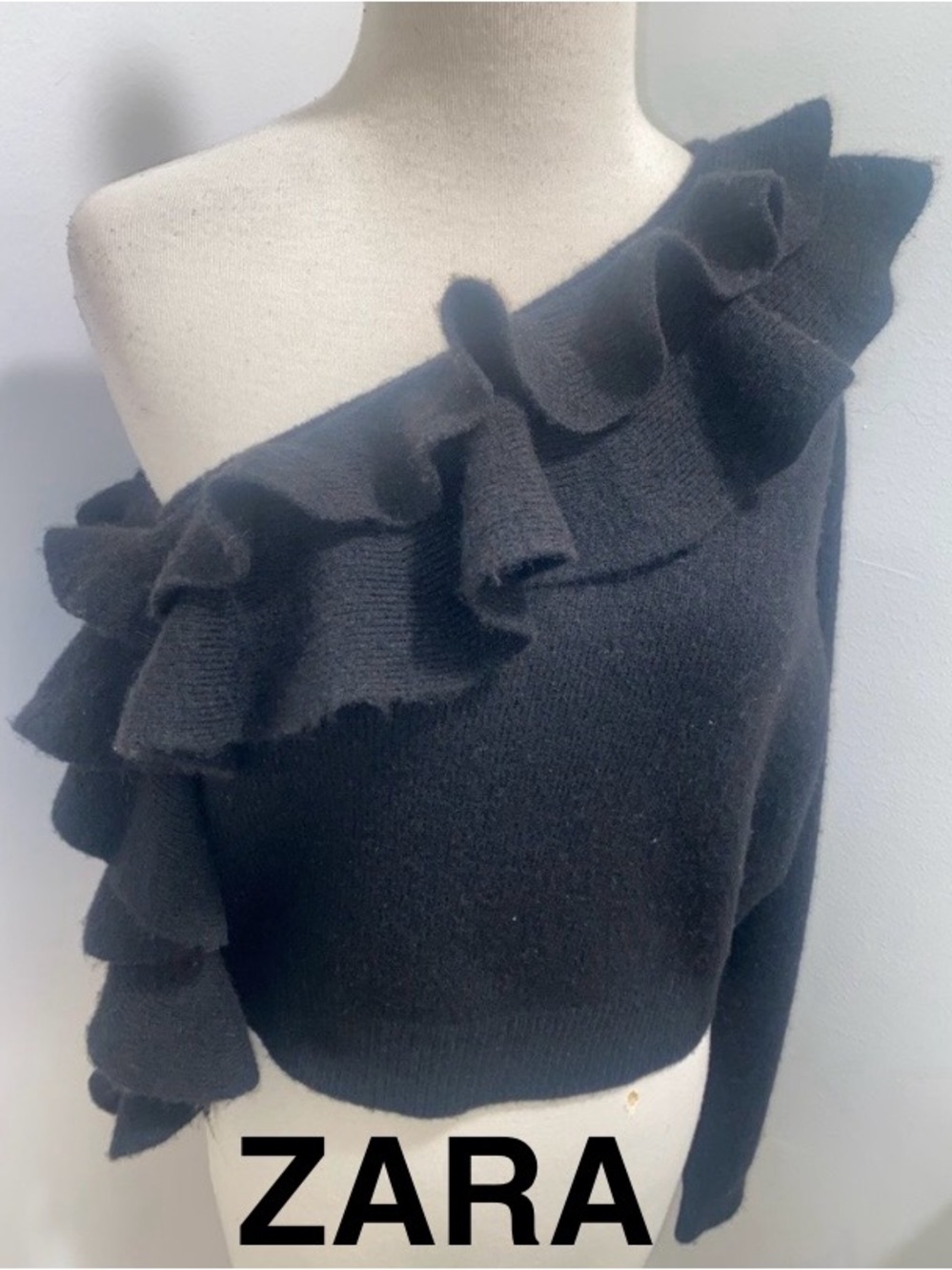 ZARA Black Asymmetric Ruffled Knit Sweater - Size M - NEW